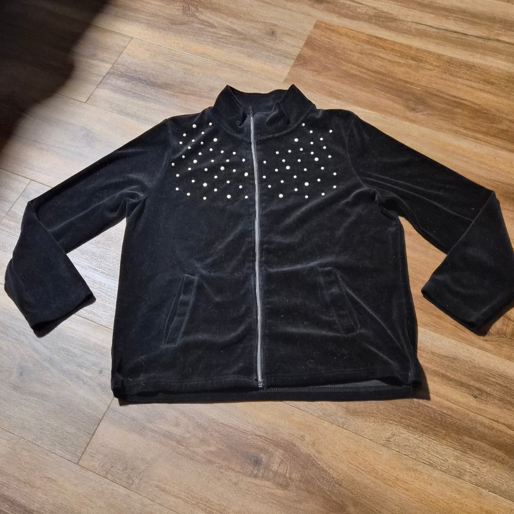 Onque‎ Casual Womens XL Black Velour Zip Up Jacket Faux Pearl Studded Mock Neck